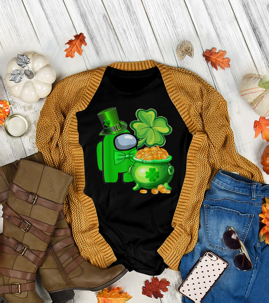 Among Us Green Character With Shamrock Hat and Pot of Gold St Patrick's Day T-Shirt