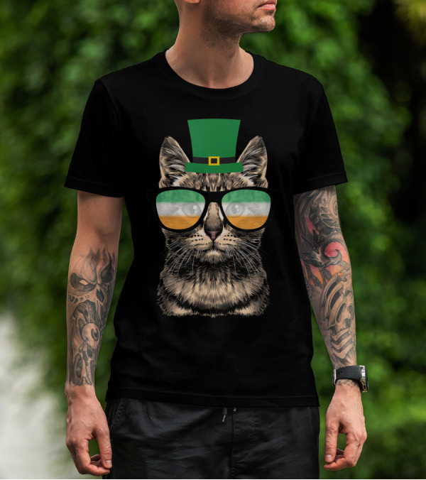 St Patrick's Day Cat Kitty Wearing Irish Green Hat And Glasses T-Shirt