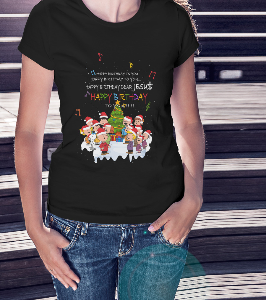 Happy Birthday Dear Jesus Peanuts Characters Christmas Caroling T-Shirt