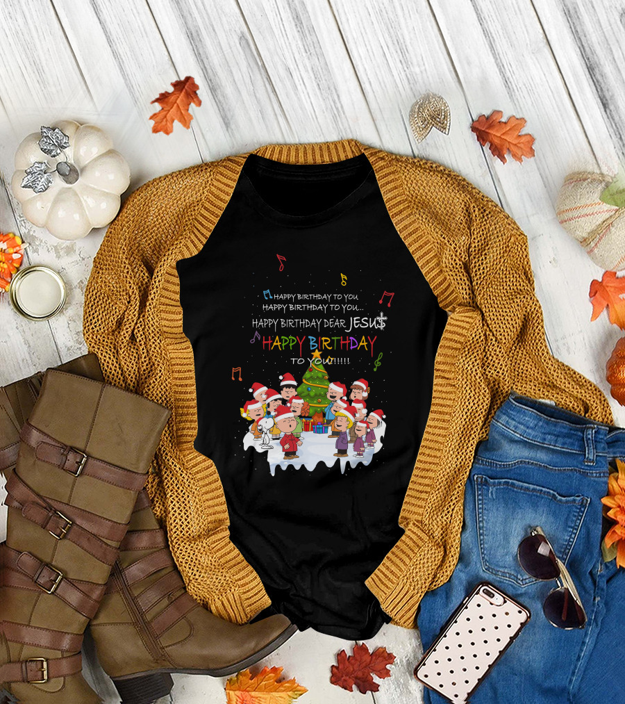 Happy Birthday Dear Jesus Peanuts Characters Christmas Caroling T-Shirt