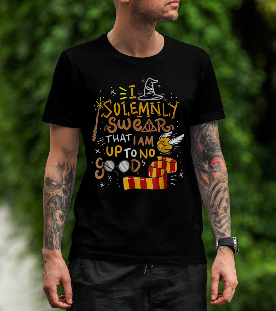 I Solemnly Swear That I Am Up To No Good Wizard Hat Wand Golden Snitch Scarf Glasses T-Shirt