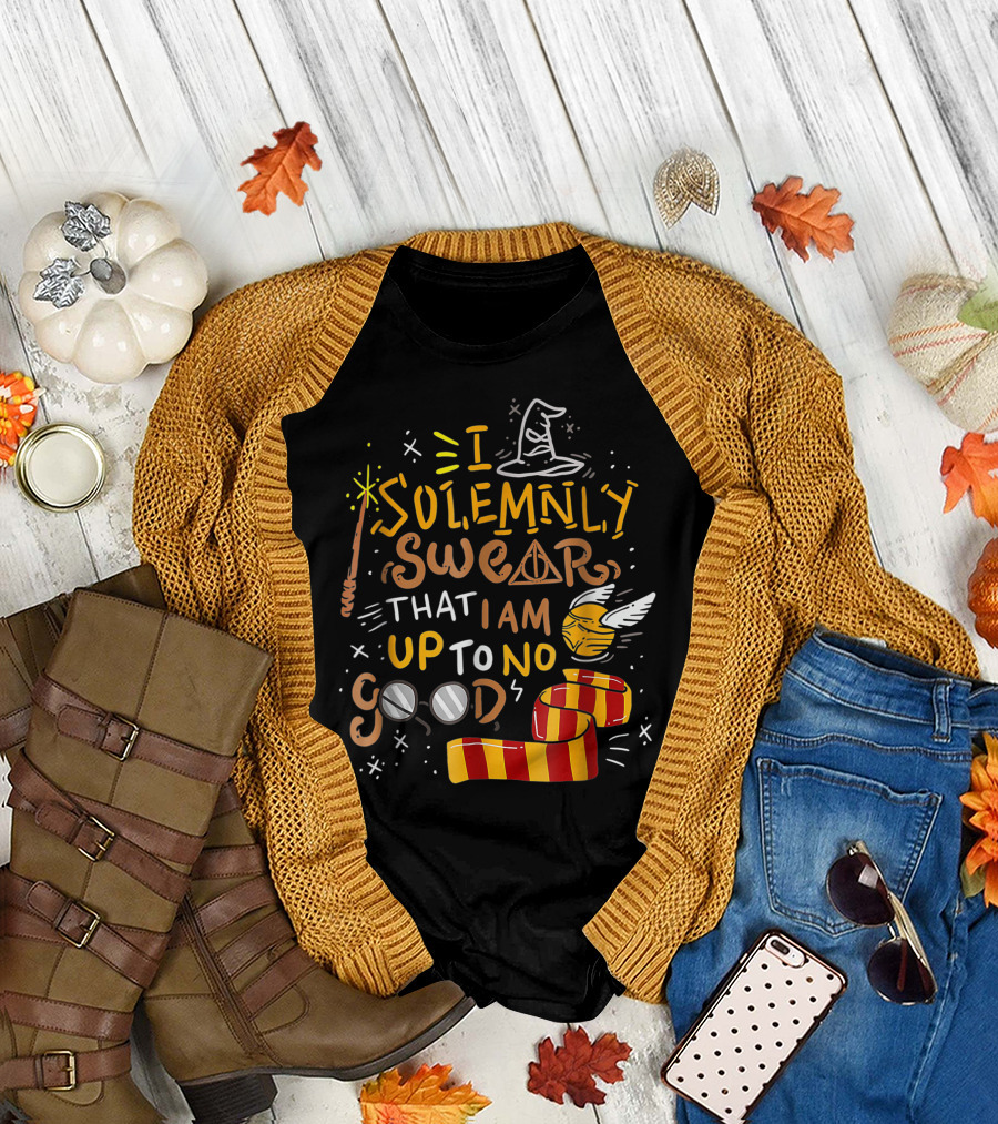 I Solemnly Swear That I Am Up To No Good Wizard Hat Wand Golden Snitch Scarf Glasses T-Shirt