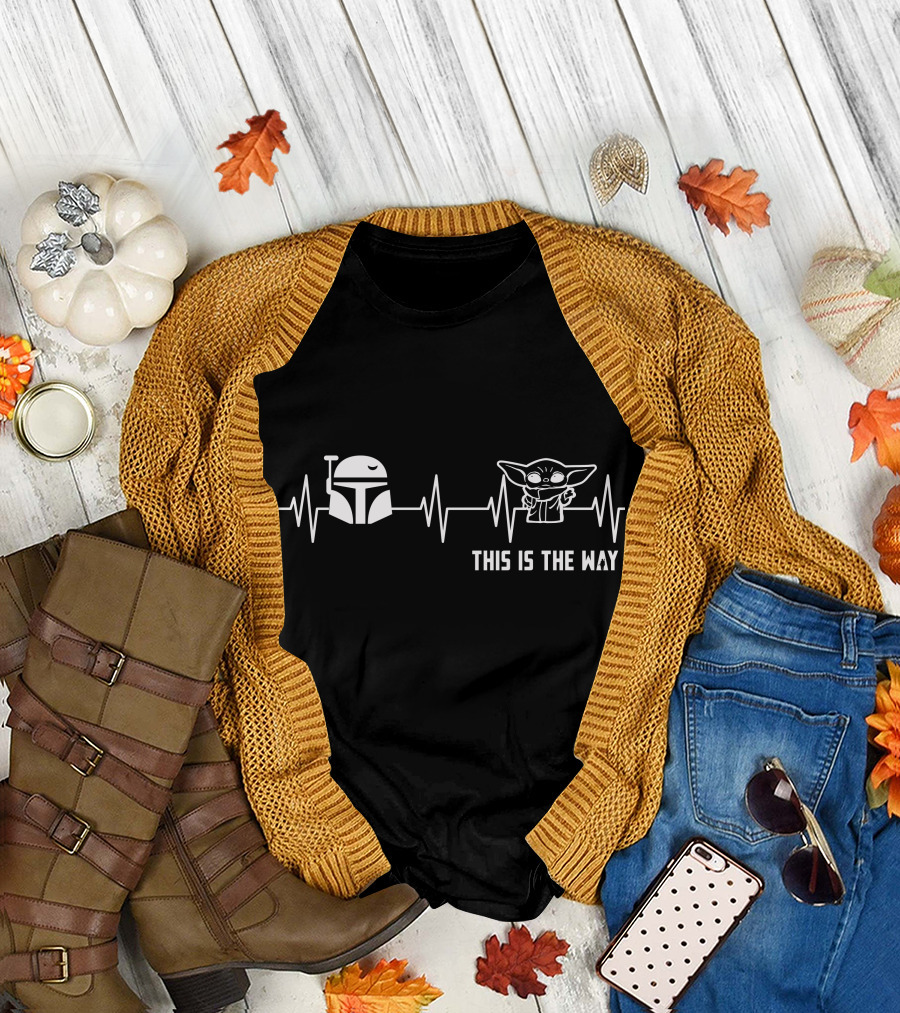 This Is The Way Mandalorian Helmet And Baby Yoda Heartbeat T-Shirt