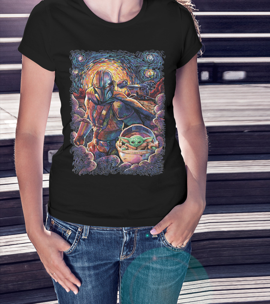 Mandalorian And Grogu Starry Night Art Style T-Shirt