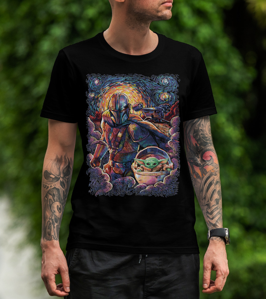 Mandalorian And Grogu Starry Night Art Style T-Shirt