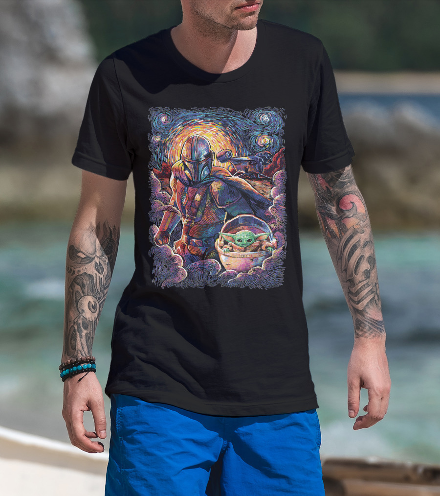 Mandalorian And Grogu Starry Night Art Style T-Shirt