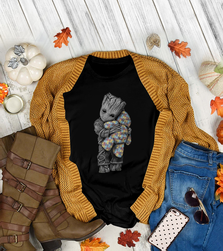Groot Hugging Puzzle Piece Patterned Bear T-Shirt