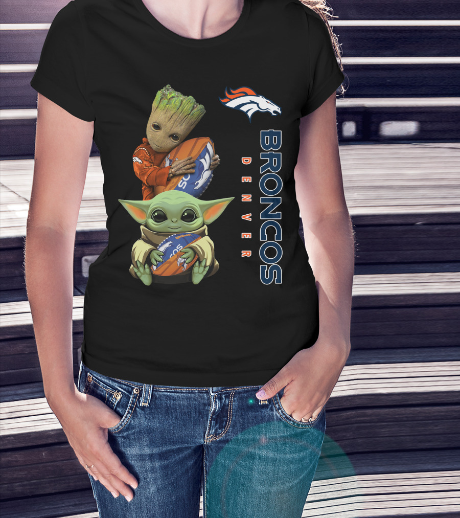 Only Today Groot And Baby Yoda Holding Broncos Football Denver Broncos T-Shirt