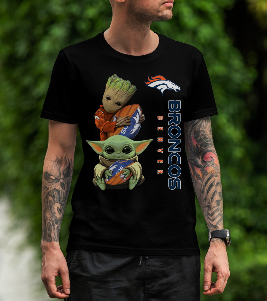 Only Today Groot And Baby Yoda Holding Broncos Football Denver Broncos T-Shirt