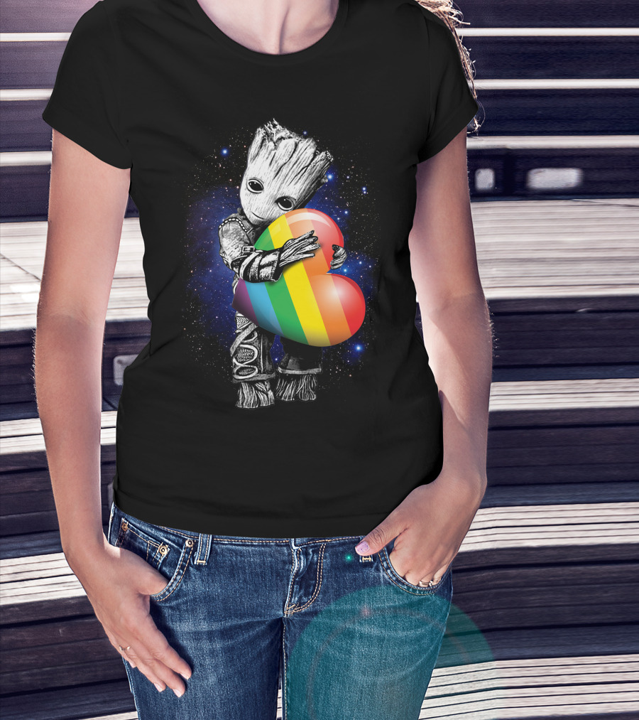 Only Today Groot Hugging Rainbow Heart In Galactic Space Theme T-Shirt