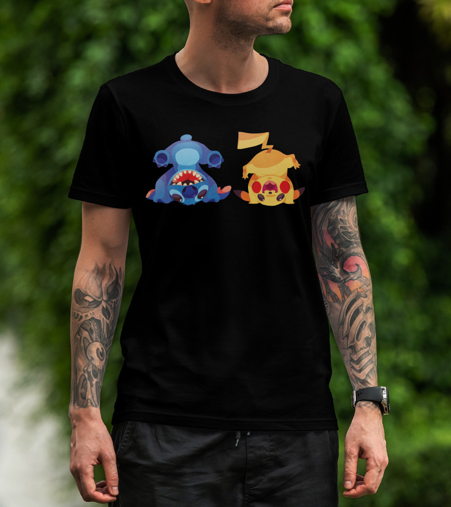 Upside Down Stitch And Pikachu Art T-Shirt