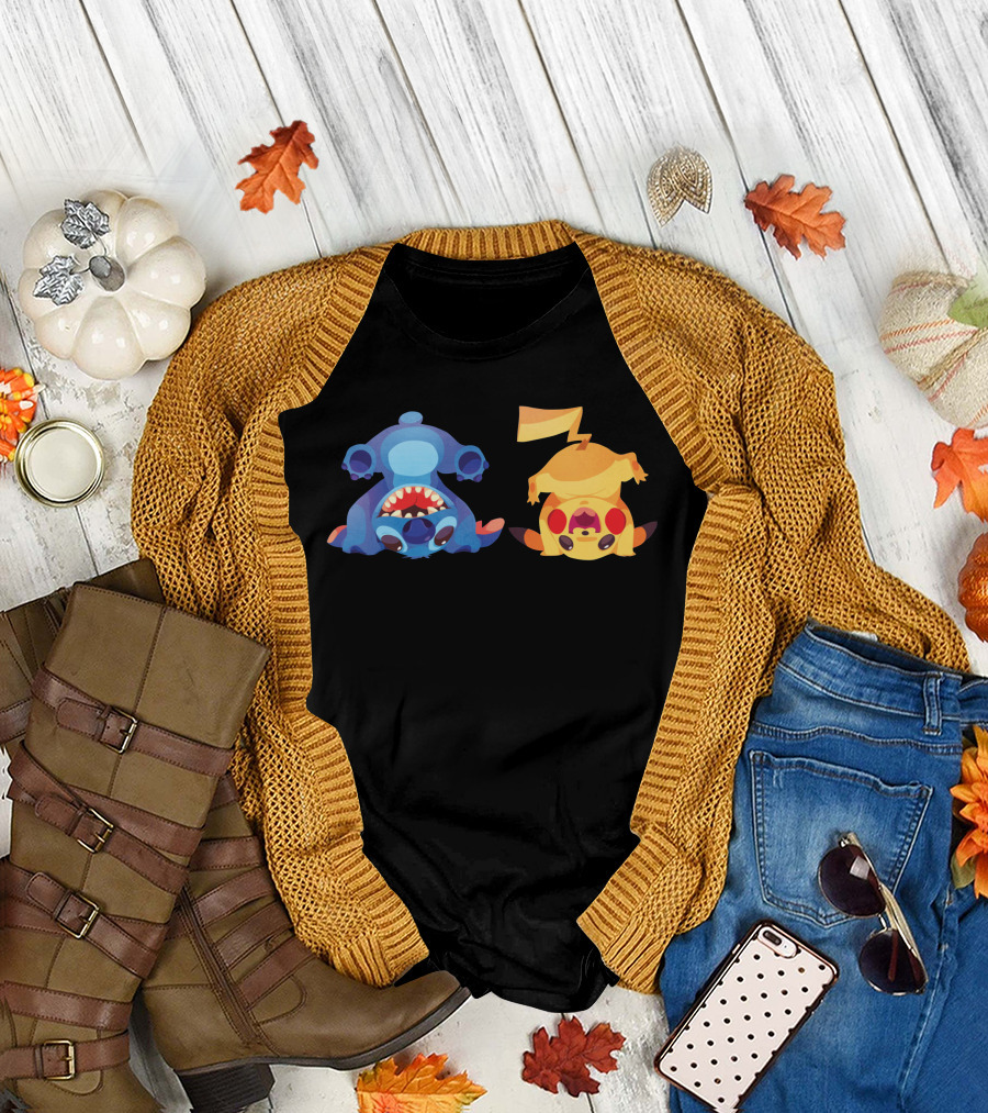 Upside Down Stitch And Pikachu Art T-Shirt