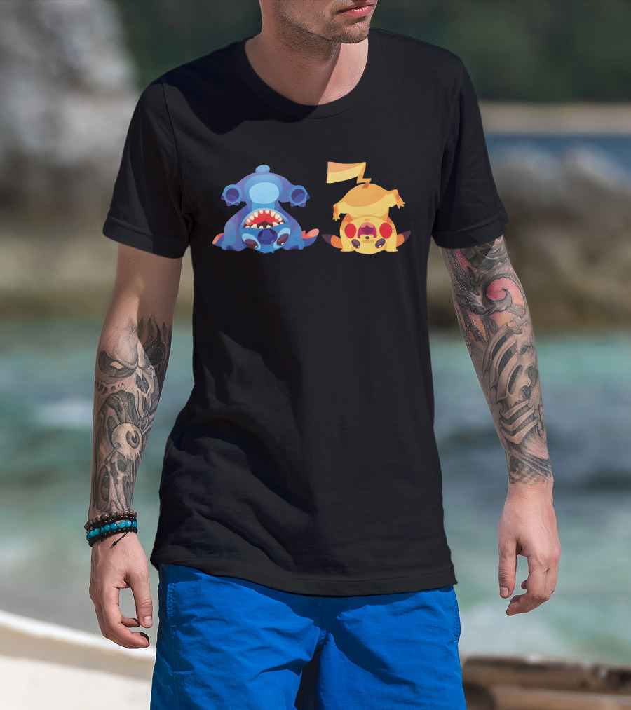 Upside Down Stitch And Pikachu Art T-Shirt