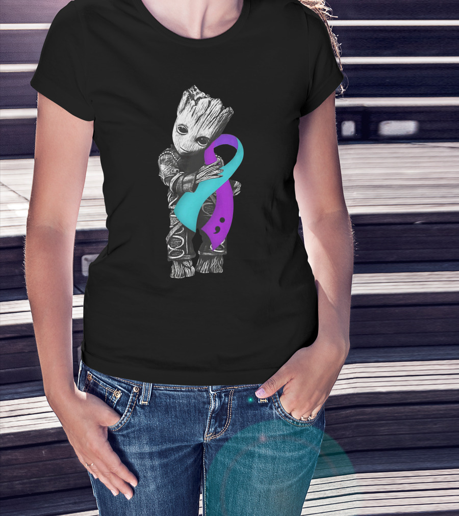 Groot Hugging Semicolon Suicide Prevention Awareness Ribbon T-Shirt