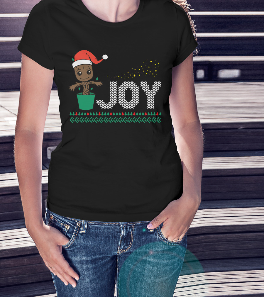 Joy Dancing Christmas Tree With Santa Hat And Stars T-Shirt