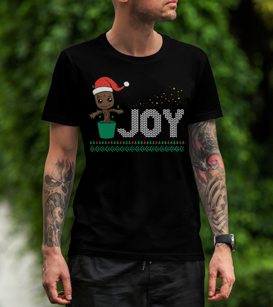 Joy Dancing Christmas Tree With Santa Hat And Stars T-Shirt