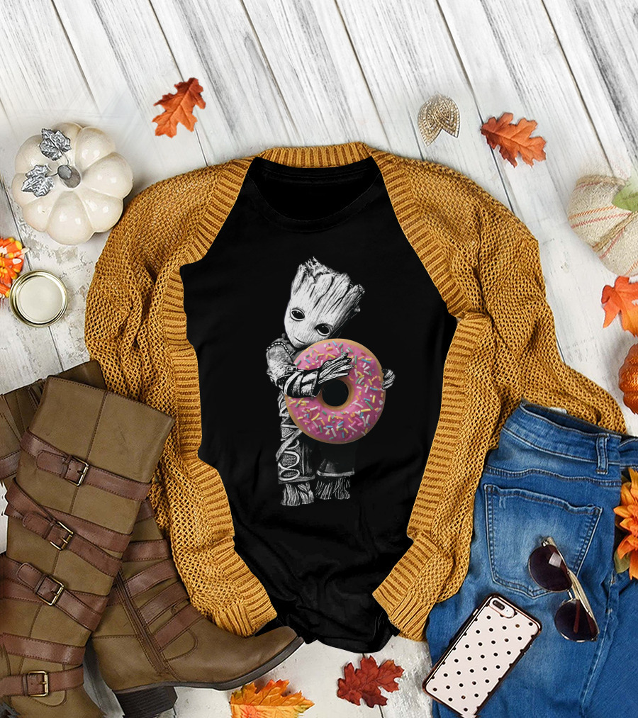 Donut Tree Character Hugging Pink Sprinkle Doughnut T-Shirt