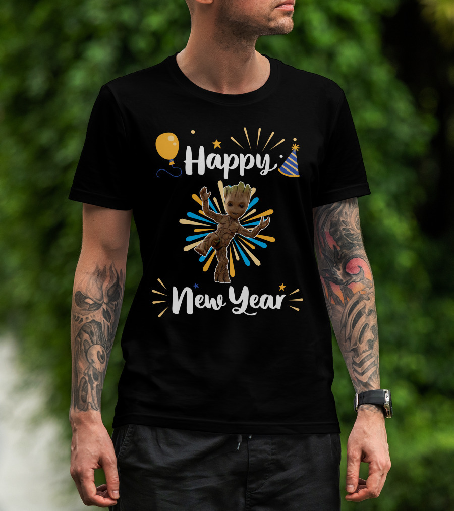 Happy New Year Groot Celebration With Party Hat And Balloon T-Shirt