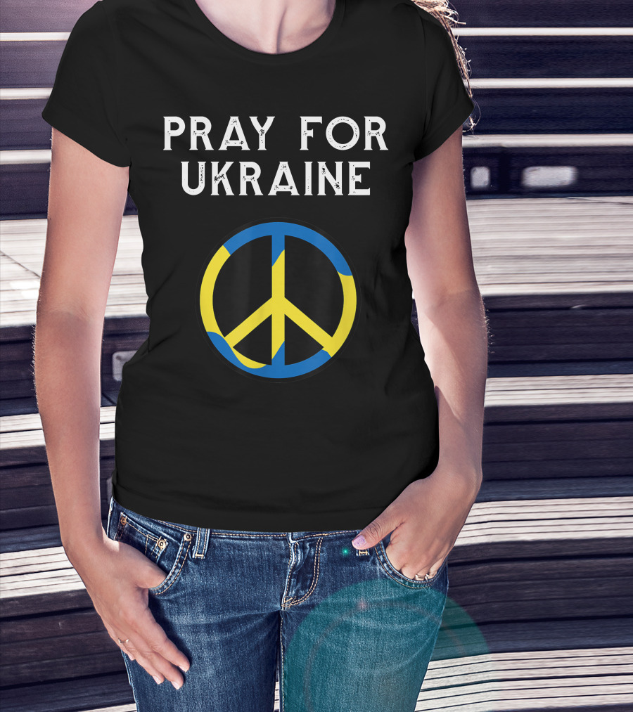Pray For Ukraine Peace Symbol Blue Yellow T-Shirt