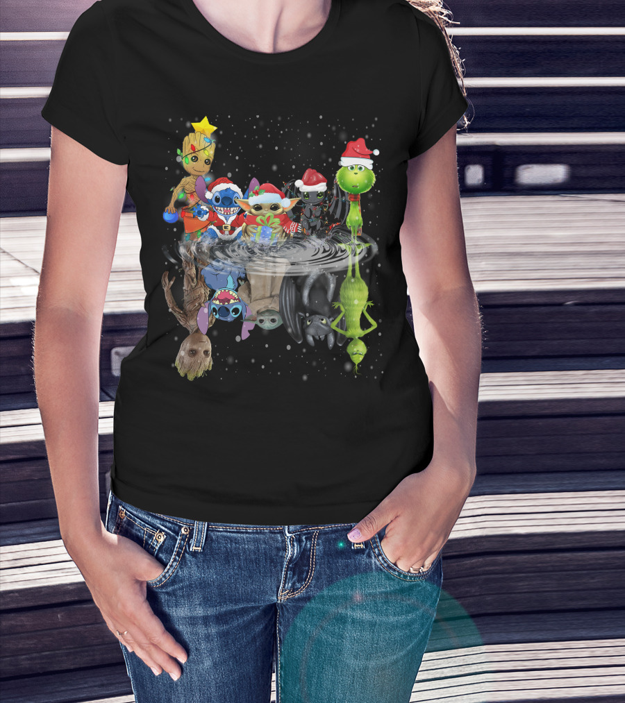 Groot Stitch Yoda Grinch Christmas Reflection T-Shirt