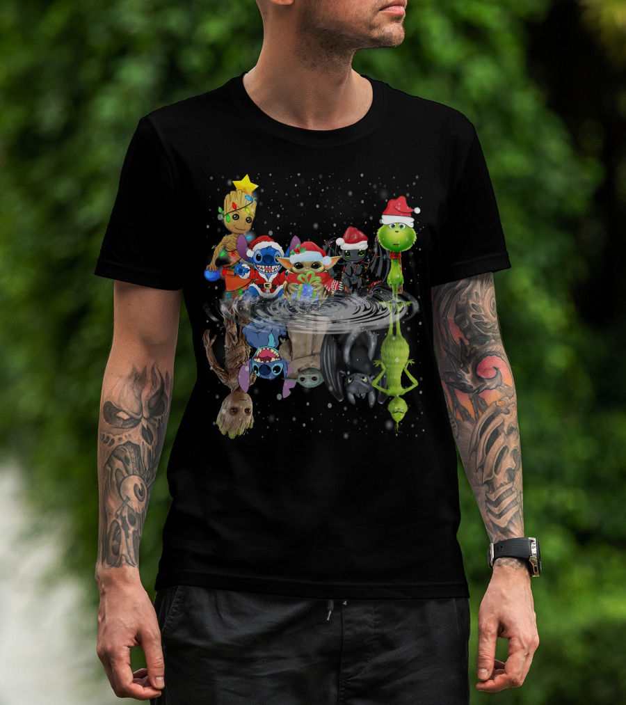 Groot Stitch Yoda Grinch Christmas Reflection T-Shirt