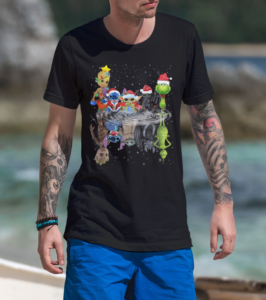 Groot Stitch Yoda Grinch Christmas Reflection T-Shirt