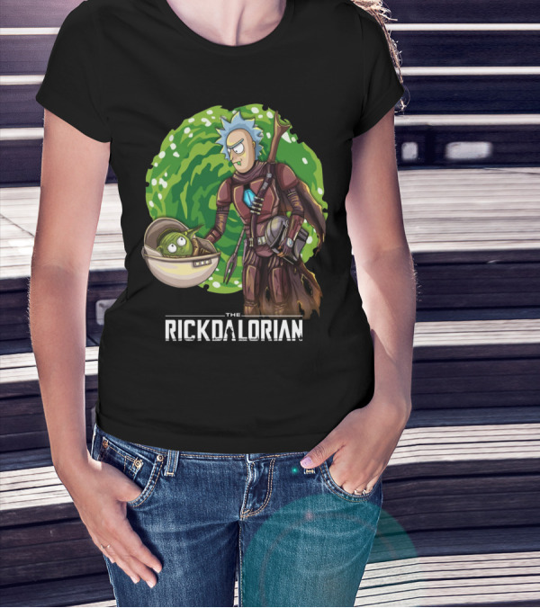 The Rickdalorian With Green Portal Background And Baby Alien Character T-Shirt