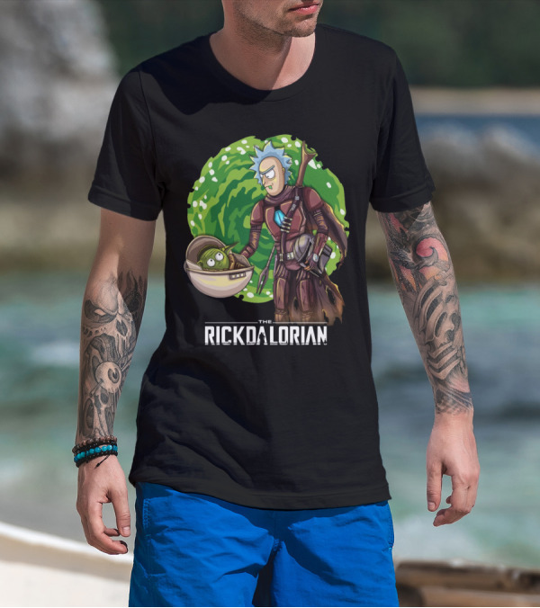 The Rickdalorian With Green Portal Background And Baby Alien Character T-Shirt