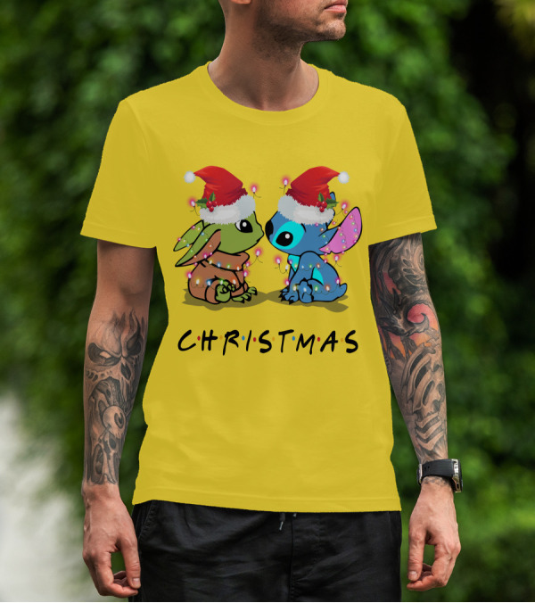 Christmas Yoda And Stitch Santa Hats T-Shirt