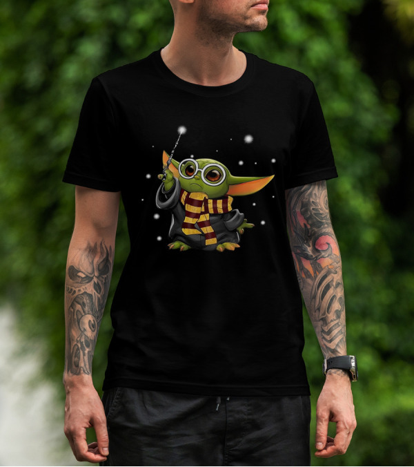 Yoda Baby Dressed As Wizard With Scarf And Wand T-Shirt