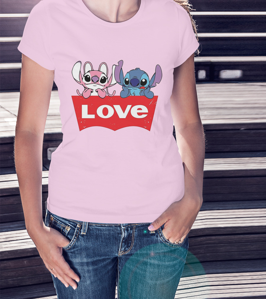 Stitch Love Pink And Blue Character Red Love Block T-Shirt