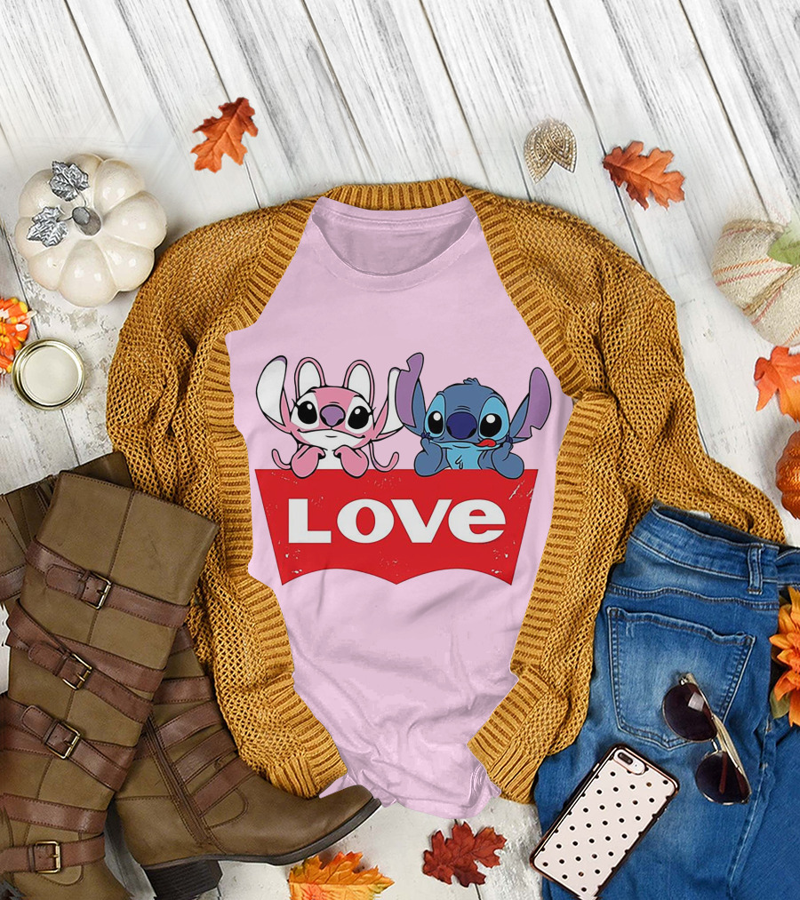 Stitch Love Pink and Blue Character Red Love Block T-Shirt