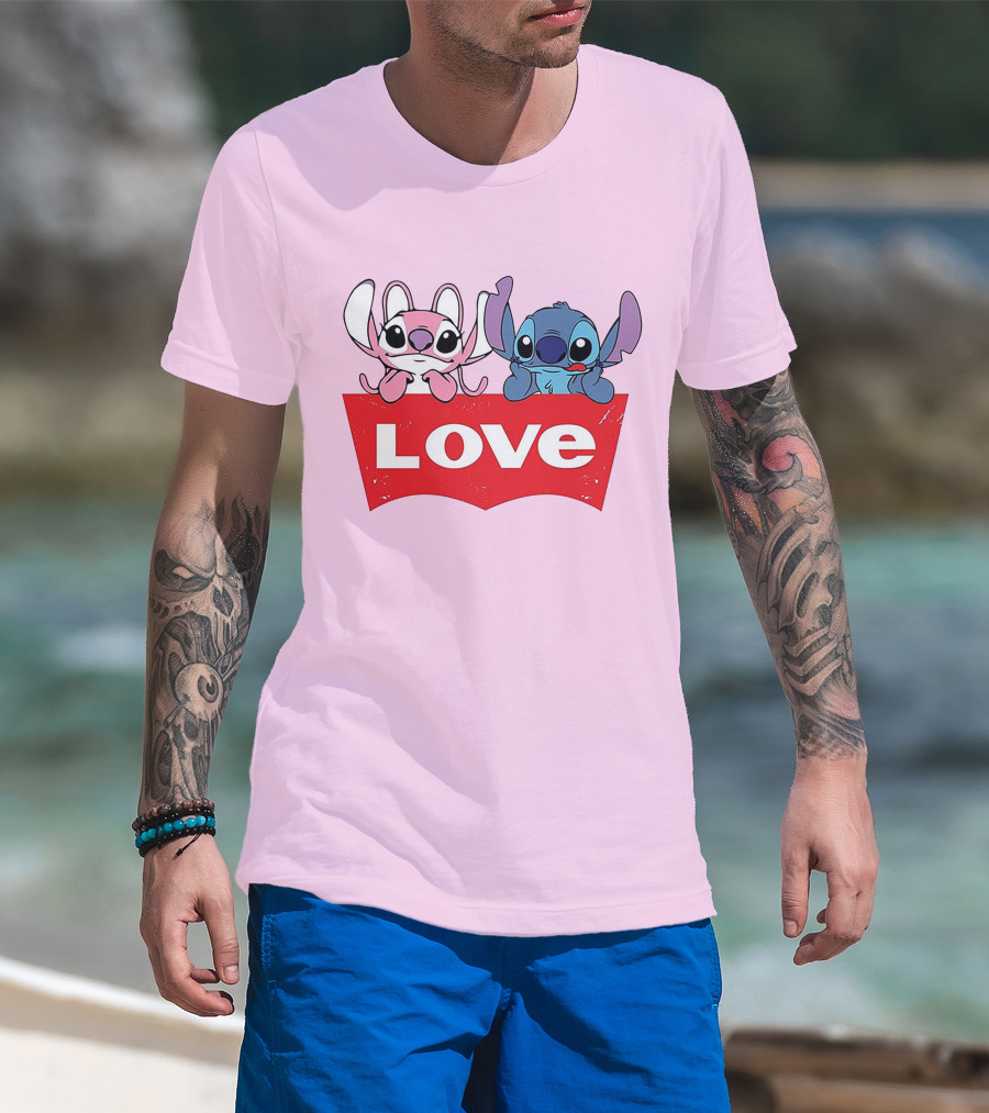 Stitch Love Pink And Blue Character Red Love Block T-Shirt