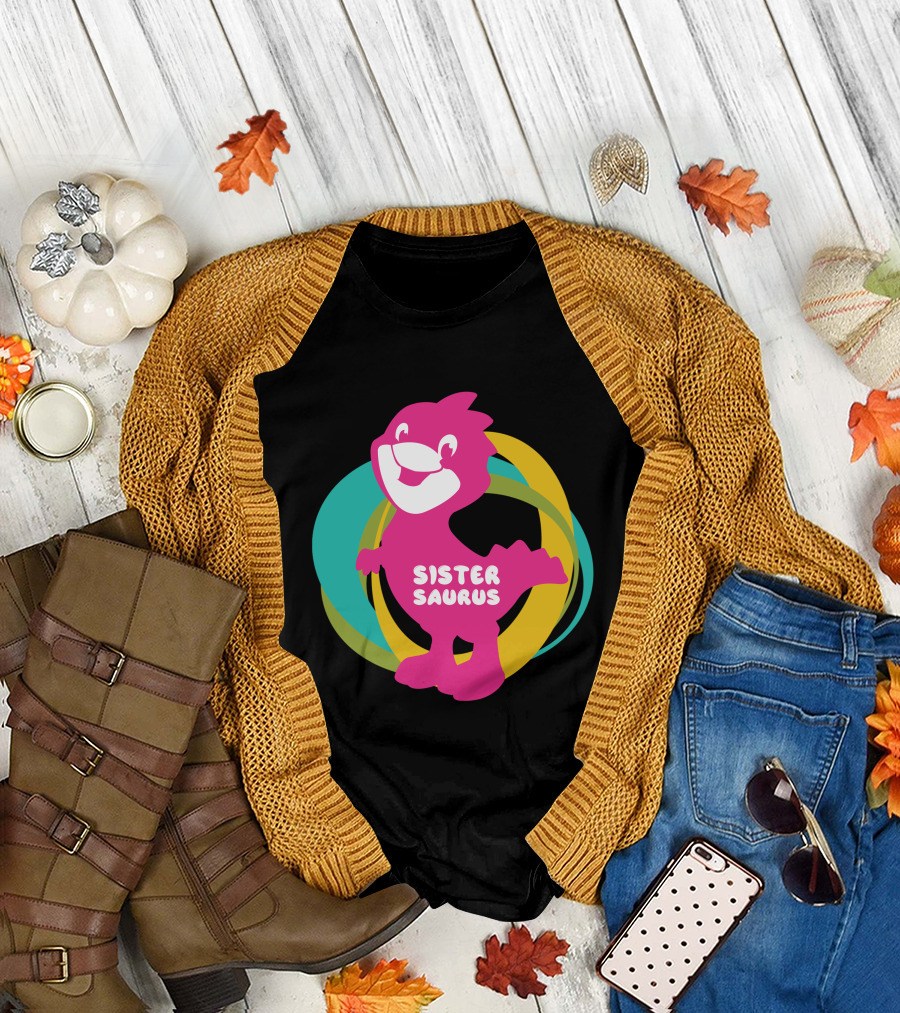 Sister Saurus Pink Dinosaur with Colorful Rings T-Shirt