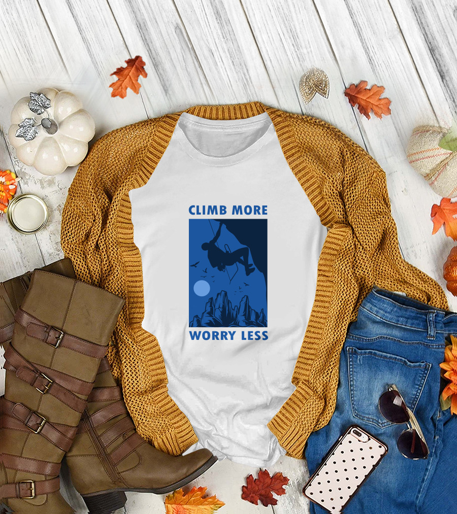 Climb More Worry Less Rock Climbing Adventure with Mountains and Moon T-Shirt
