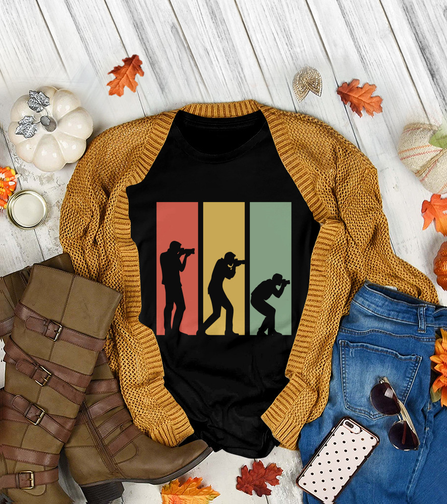 Photographer Silhouettes in Colorful Stripes T-Shirt
