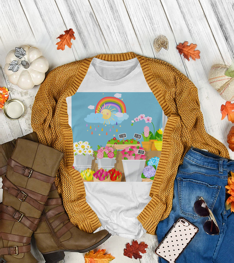 April Showers Brings May Flowers Rainbow and Colorful Blooms Scene T-Shirt