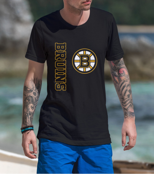 Boston Bruins Hockey Vertical Text With Iconic Circle Emblem T-Shirt