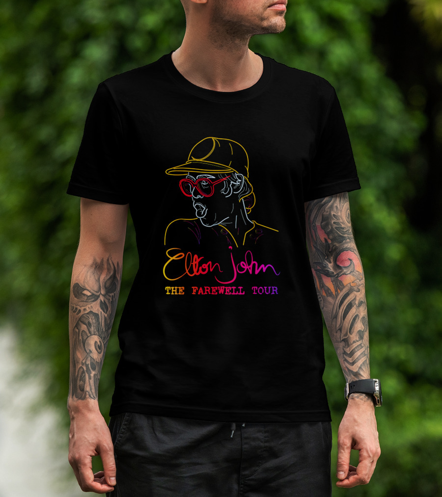 Elton John The Farewell Tour Neon Art With Glasses And Hat T-Shirt
