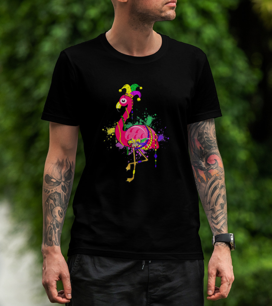 Mardi Gras Flamingo With Jester Hat And Beads On Colorful Splatter Background T-Shirt