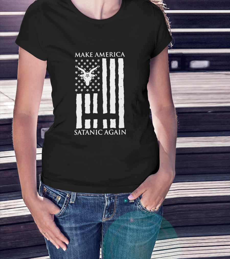 Make America Satanic Again Baphomet Flag Usa Stars Stripes T-Shirt