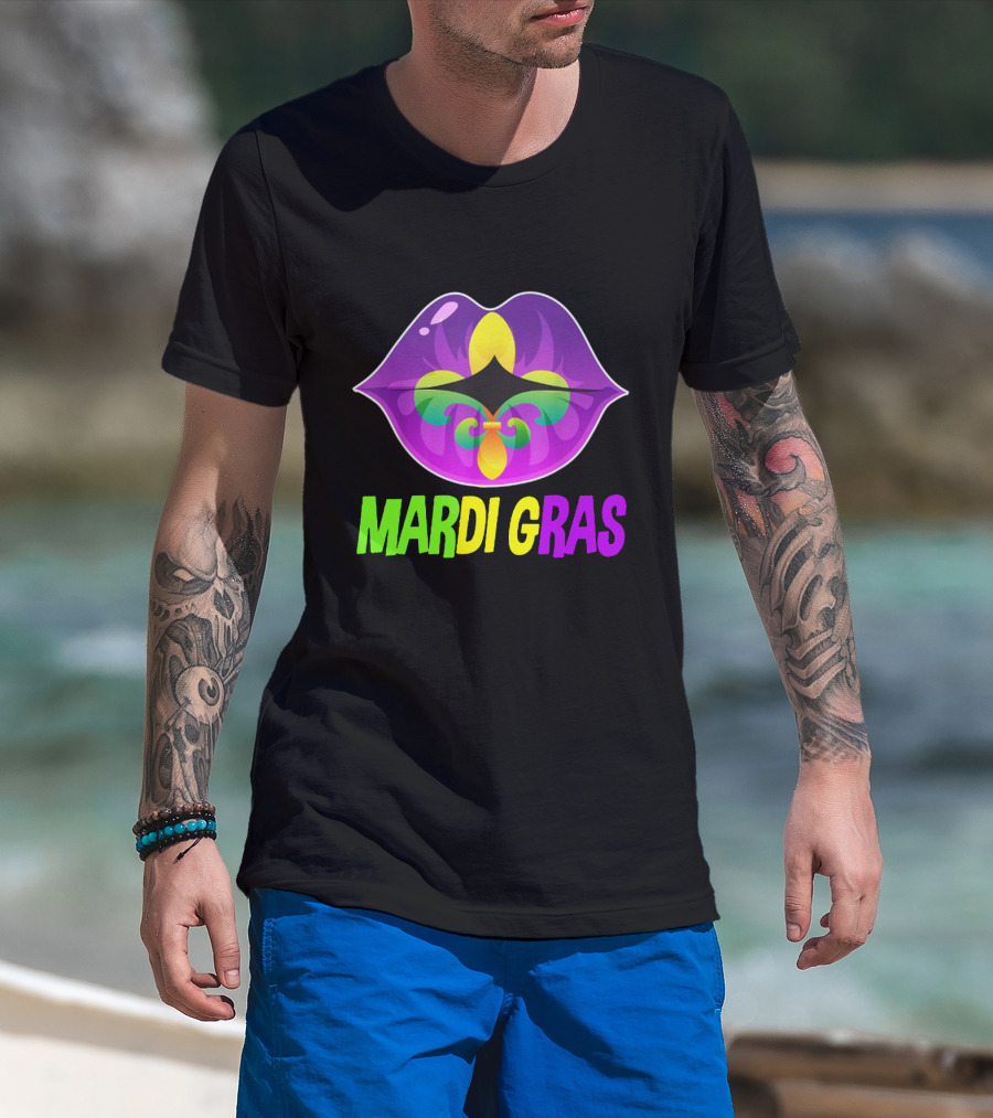 Mardi Gras Lip Fleur De Lis Purple Green Yellow T-Shirt