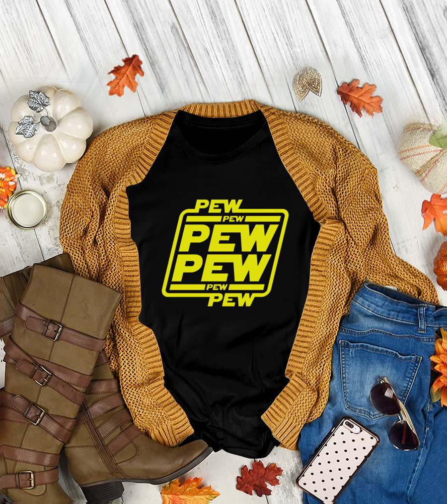 Pew Pew Pew Star Wars Bold Yellow Black Background Retro Style T-Shirt