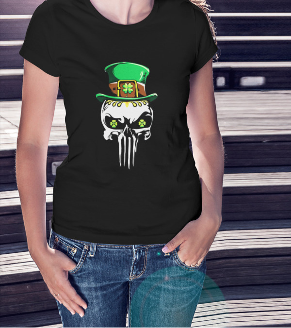 Punisher Skull With Green Leprechaun Hat And Shamrock Eyes T-Shirt