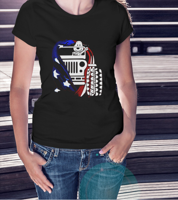 Snoopy Jeep Stars Stripes American Flag Background T-Shirt