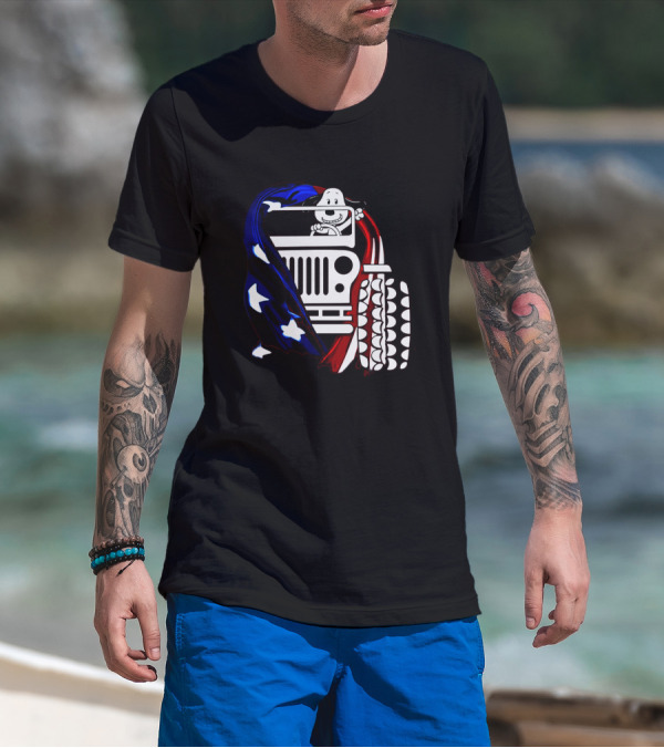 Snoopy Jeep Stars Stripes American Flag Background T-Shirt