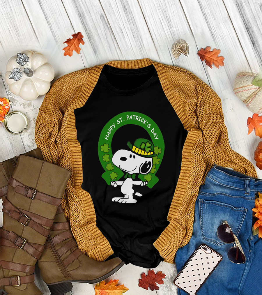 Snoopy Happy St. Patrick's Day with Shamrocks and Green Hat T-Shirt