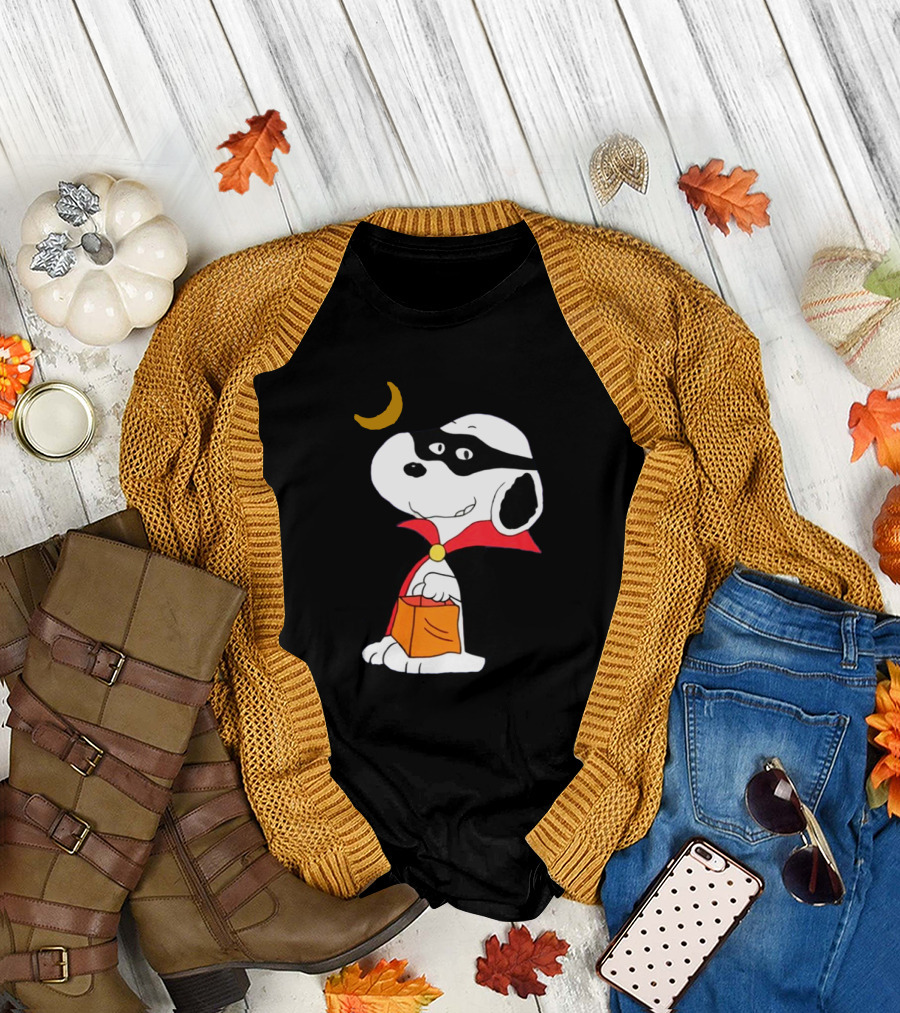 Snoopy Dressed as a Vampire Trick-or-Treating Under a Crescent Moon T-Shirt