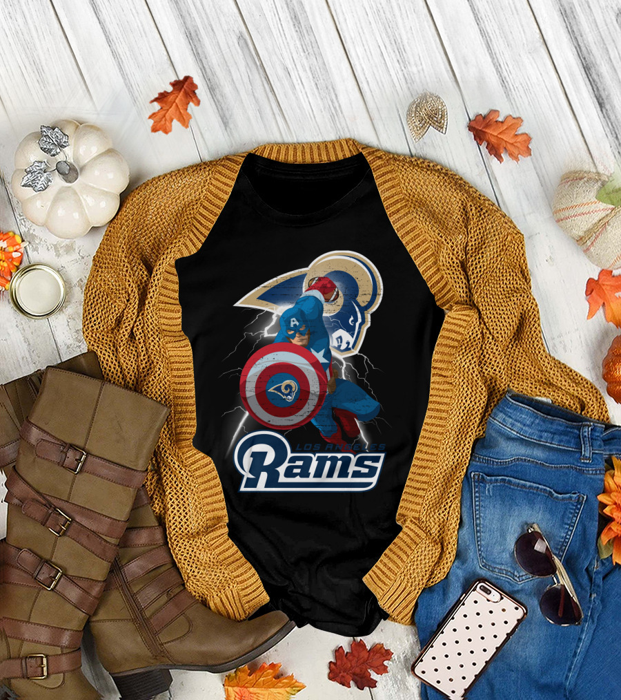 Captain America Rams Los Angeles Nfl Football Shield Hero Crossover T-Shirt
