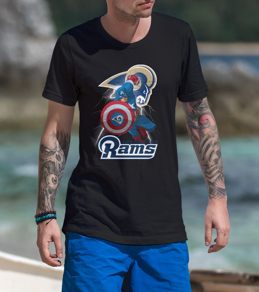 Captain America Rams Los Angeles Nfl Football Shield Hero Crossover T-Shirt
